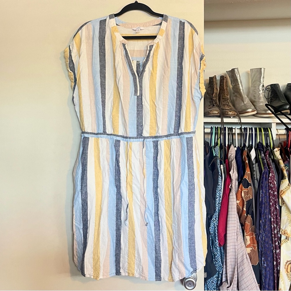Time & Tru Dress Linen Blend Striped Elastic Drawstring Pockets Boho sz … - Picture 2 of 6